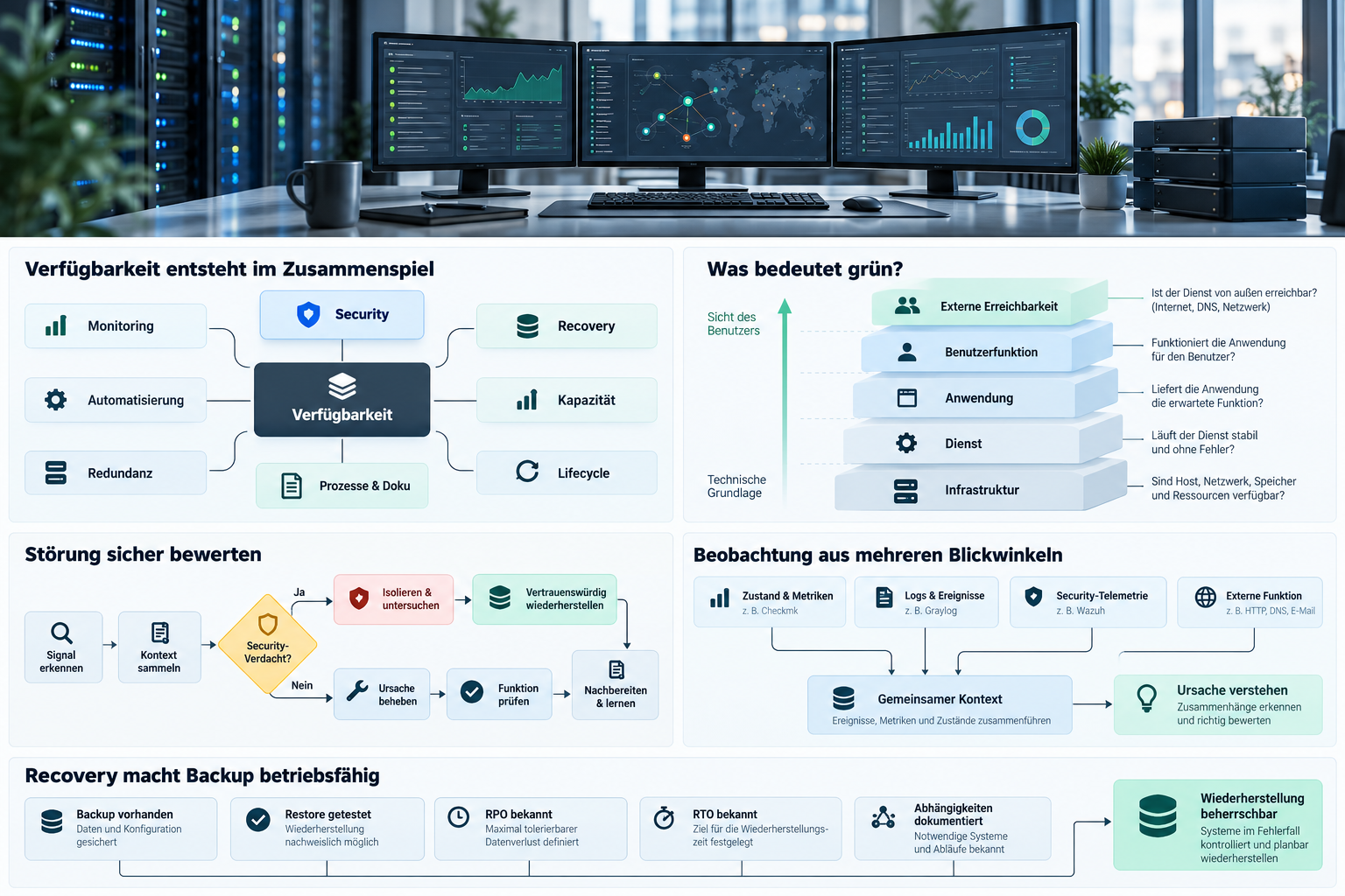 Verfügbarkeit als Zusammenspiel von Monitoring, Security, Recovery, Kapazität, Lifecycle, Redundanz, Automatisierung, Dokumentation und Prozessen