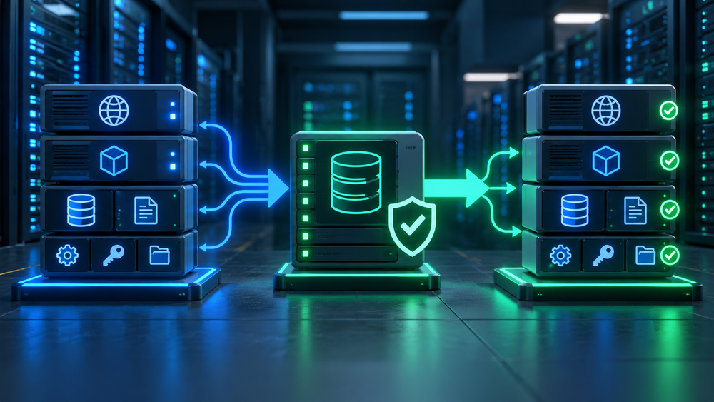 Technische Darstellung eines Systems, das aus einem Backup vollständig wiederhergestellt und geprüft wird
