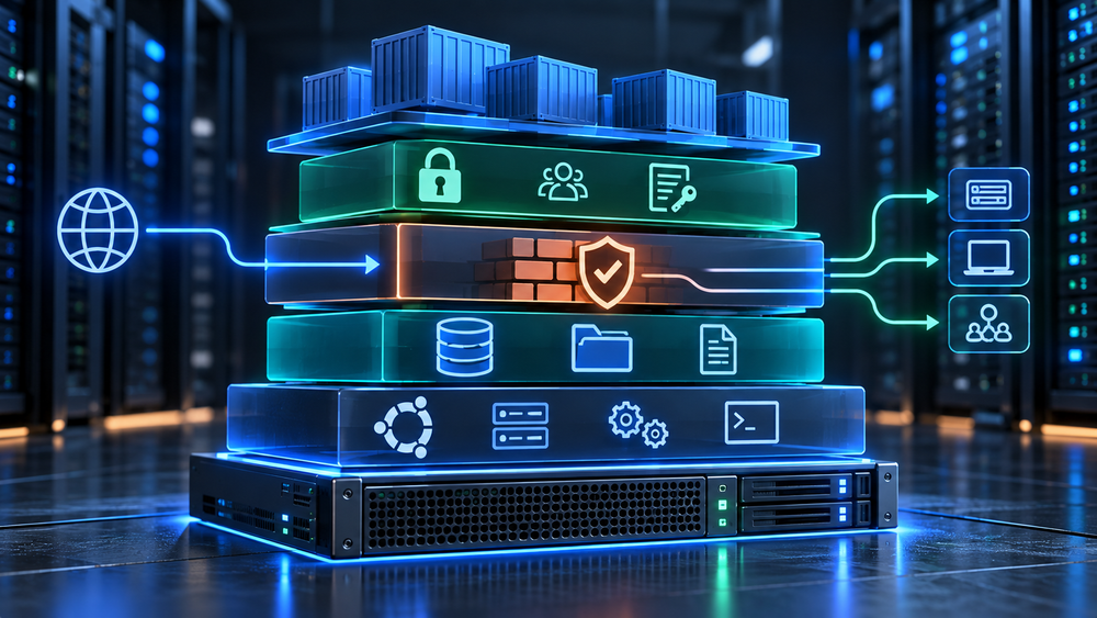 Abstrakte Darstellung eines vorbereiteten Docker-Hosts mit Schichten für Ubuntu, Storage, Netzwerk, Sicherheit und Container