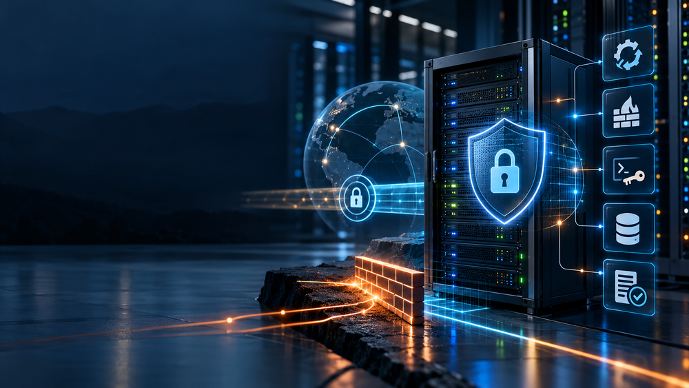 Abstrakte Darstellung eines gehärteten Servers mit Firewall, sicherem Administrationszugang und Schutzebenen