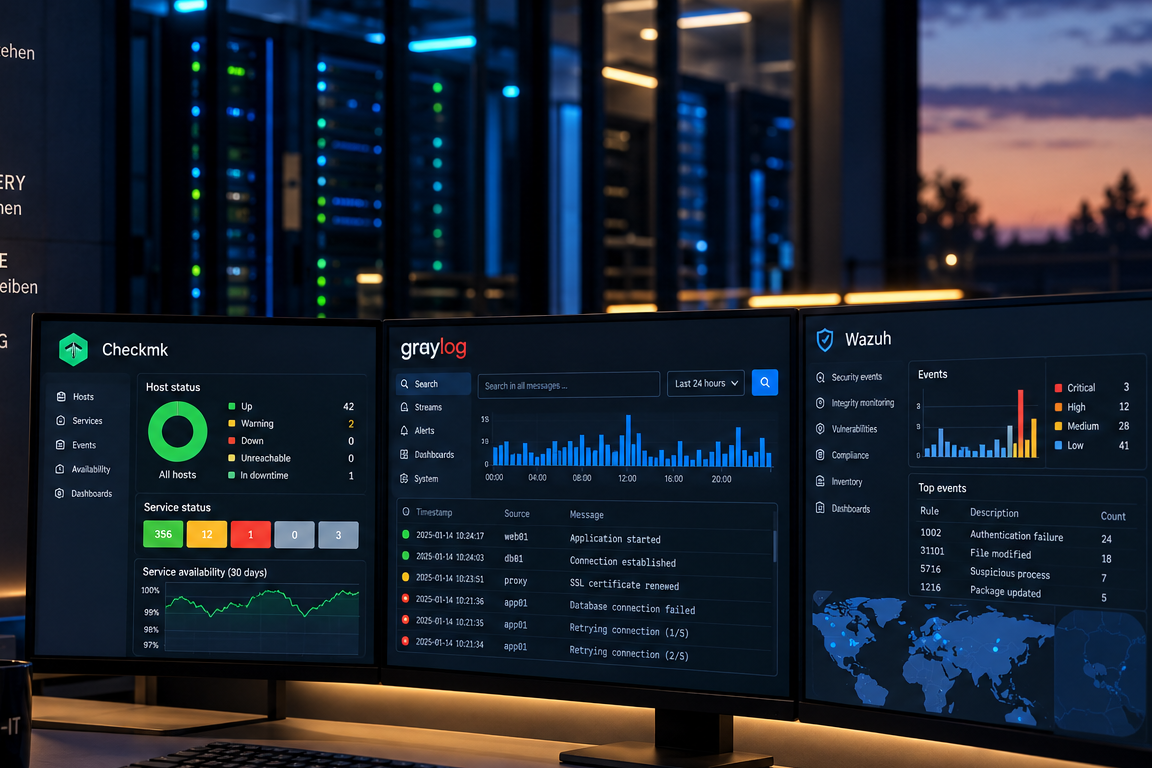 Technischer Arbeitsplatz mit Monitoring-, Log- und Security-Dashboards vor Serverracks